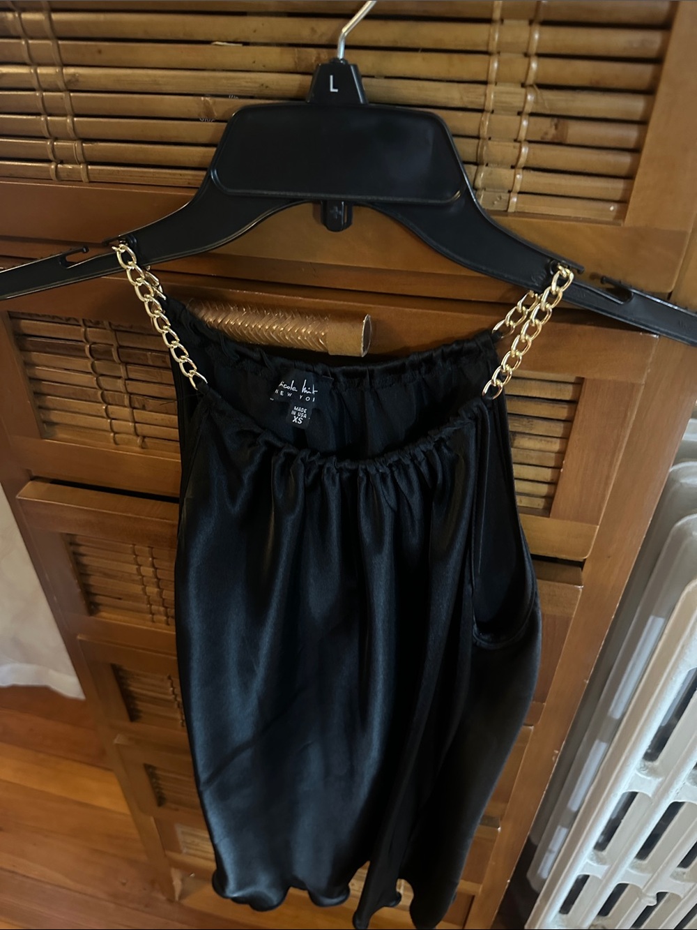 Nicole Miller Black Satin Tank Top with Gold Chain Straps